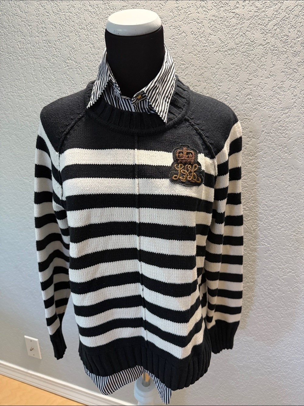Women’s Lauren Ralph Lauren Black and White Striped Crewneck Sweater with Crest